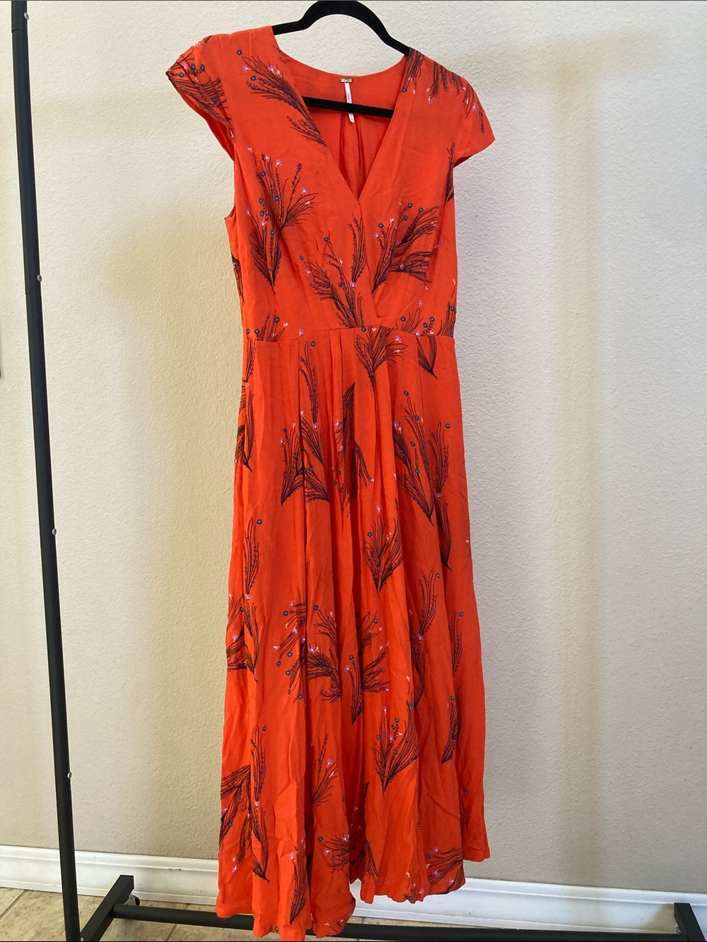 Free People Bright Orange V-Neck Maxi Dress with Feather Motif